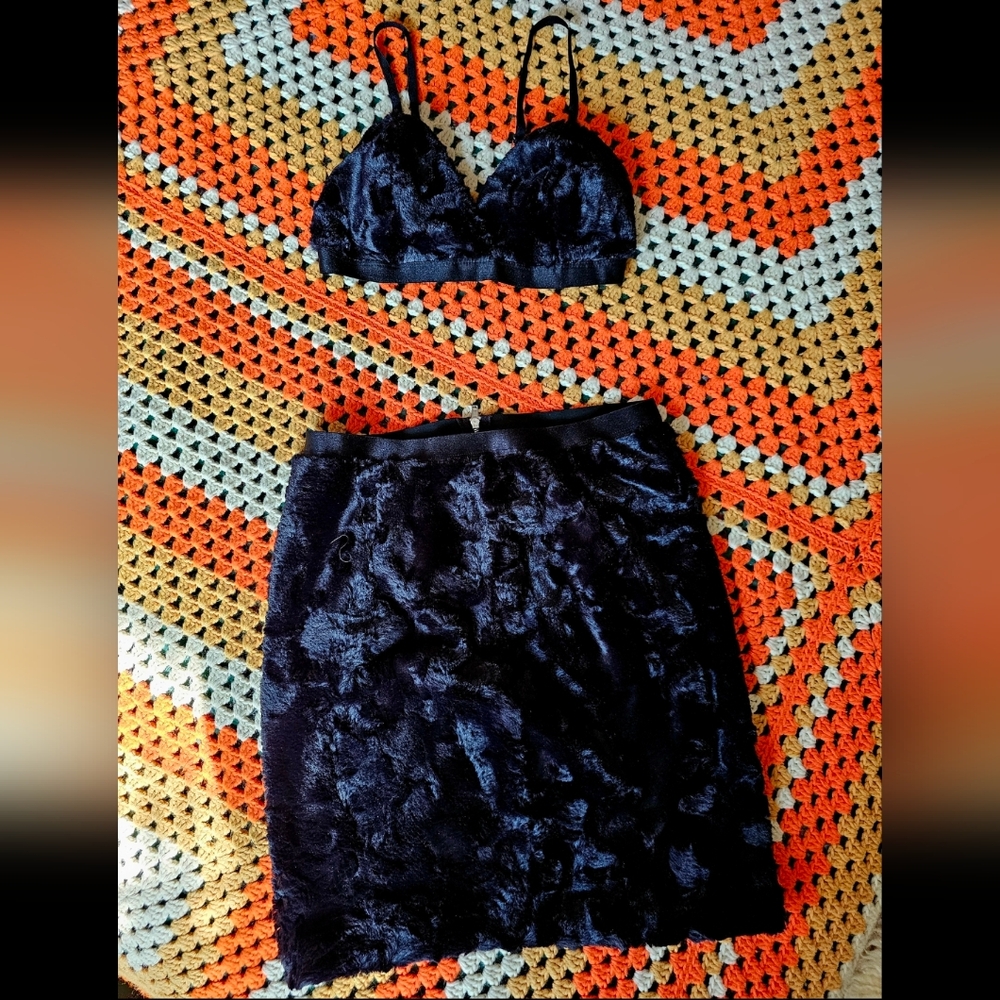 Black Faux Fur Skirt And Bralette Bra Top Fuzzy Furry